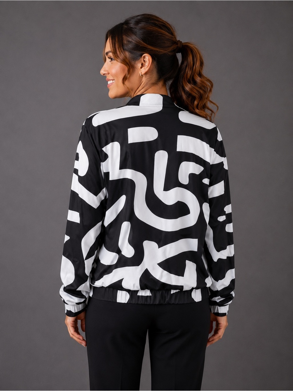 New Black & White Abstract Print Zip-Up Bomber Jacket - Picture 3 of 16